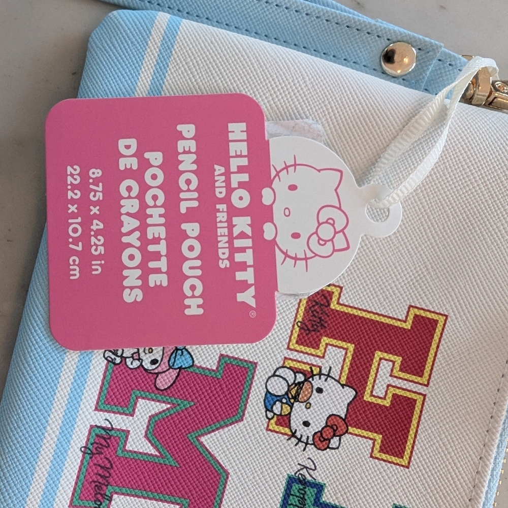 Hello Kitty White And Light Blue, Letter Print Pencil Pouch with Pom Pom - Picture 3 of 3